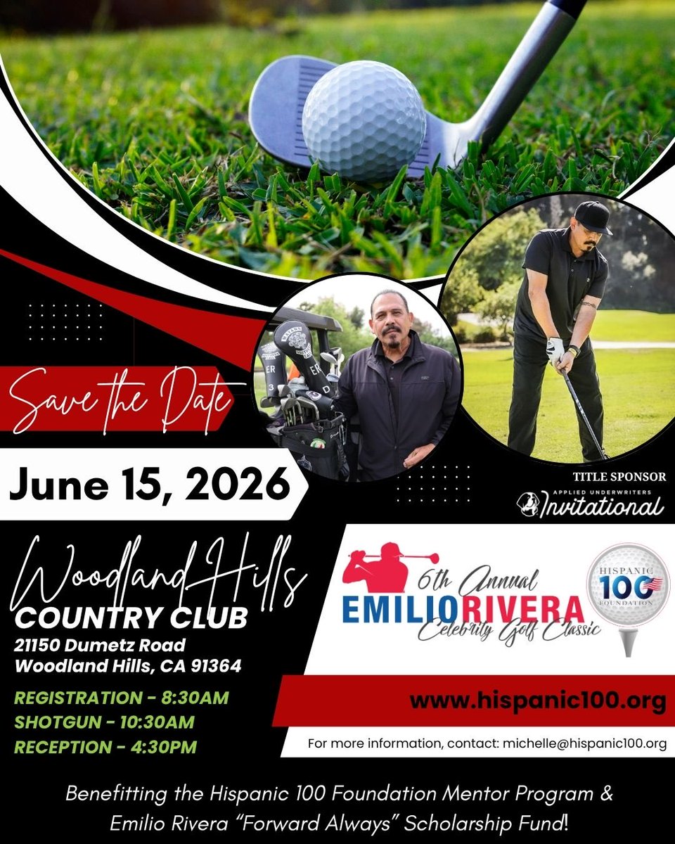 H100Foundation's tweet photo. 6th Annual Emilio Rivera Celebrity Golf Classic
LIMITED FOURSOMES AVAILABLE!

Join us for an unforgettable day on the course- SUPPORTING THE HISPANIC 100 FOUNDATION MENTOR PROGRAM AND SCHOLARSHIP FUND! 

Don't delay register today! Event is almost sold out! https://t.co/gbc6wSdESZ