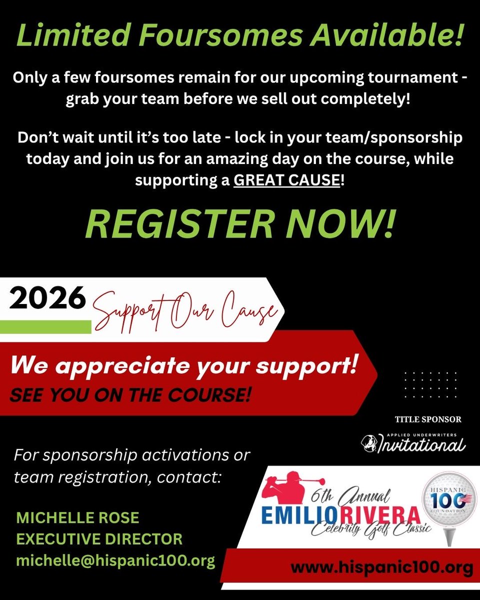 H100Foundation's tweet photo. 6th Annual Emilio Rivera Celebrity Golf Classic
LIMITED FOURSOMES AVAILABLE!

Join us for an unforgettable day on the course- SUPPORTING THE HISPANIC 100 FOUNDATION MENTOR PROGRAM AND SCHOLARSHIP FUND! 

Don't delay register today! Event is almost sold out! https://t.co/gbc6wSdESZ