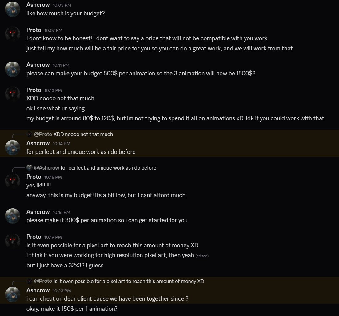 Proto_Dev's tweet photo. Bro, someone on Discord is out here copying a Fiverr pixel artist's whole identity, trying to get me to pay out of the platform. Same PFP, same bio, even claimed we worked together before.

It was obvious he wanted to scam me, since he started quoting some fucking enormous amounts just for one animation. Bro thinks I have a money printer at home or something XD

I verified with the real pixel artist (@AshCrow0001), and he had no clue. Turns out he most likely scans the profiles of past clients and hunts them down on Discord using the same username from Fiverr X)

Stay safe from these clowns out here, guys.