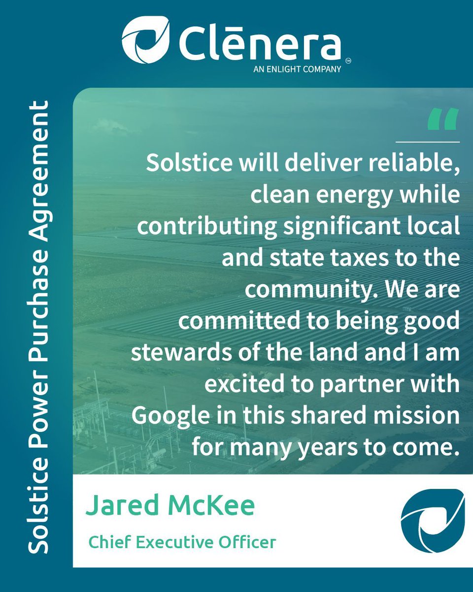 CleneraSolar's tweet photo. We're proud to partner with @Google on a 200 MWac solar power purchase agreement in Oklahoma, supporting local, renewable energy for data center operations.

Read more: https://t.co/Fvb1fTbNFb https://t.co/Zy1J5rk8j9