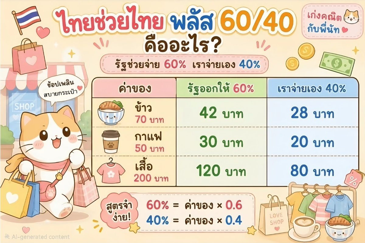 Mawintutor's tweet photo. ไทยช่วยไทย พลัส 60/40 
รัฐ ช่วย 60
เราจ่ายเอง 40 

คิดยังไง 
ง่ายนิดเดียว ✨️🤗

#คณิตคิดสนุก #เก่งคณิต
#สอนพิเศษนครขัยศรี #ติวสอบเข้าม1
#นครชียศรี #นครปฐม
#เรียนพิเศษนครชัยศรี #ร้อยละ #เปอร์เซ็นต์ 
#หาที่เรียนพิเศษ #สอนพิเศษใกล้ฉัน https://t.co/zwRIMBYSU0
