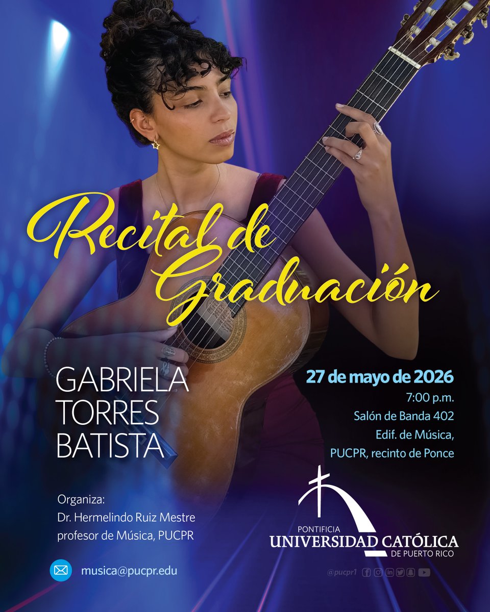 PUCPR1's tweet photo. ¡El talento pionero se hace sentir!💙🔥
Acompaña a Gabriela Torres Batista en su Recital de Graduación  
¡Te esperamos! 💙 https://t.co/RhTUeWUNeC