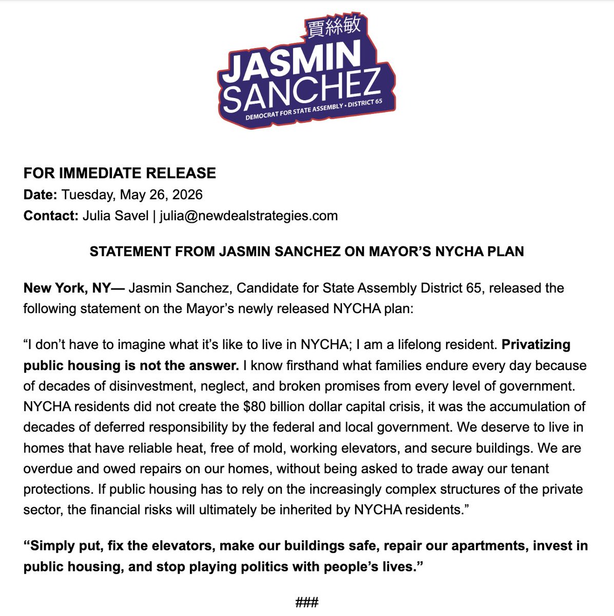 JasminSanchezNY's tweet photo. My Statement on the Mayor’s NYCHA Plan. 

Public housing shouldn’t be treated like a financial instrument. 

Fund Section 9 directly. 

Save Section 9. https://t.co/vX6dj8MuZX