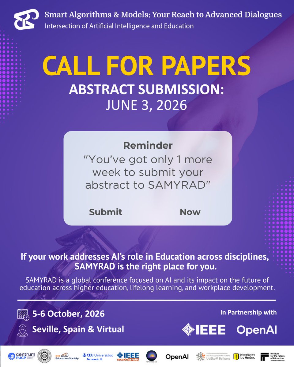 samyradofficial's tweet photo. Only 1 week left to submit your abstract for the SAMYRAD 2026!

🗓️ Submission deadline: June 3rd, 2026
📍 October 2026, Seville, Spain &amp; Virtual
🔗 Link to the event: https://t.co/9FFHEuHRKc

Follow SAMYRAD for updates. https://t.co/JqoFcYj032