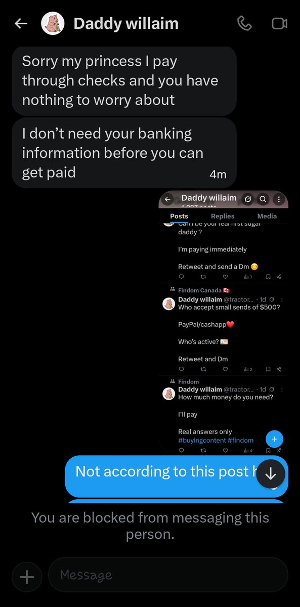 Alliecat1989's tweet photo. Scamer alert..says he does cashapp and PayPal on his posts then tells you he only pays by check. #buyingcontent #sellingcontent https://t.co/LWfqXPxIaZ