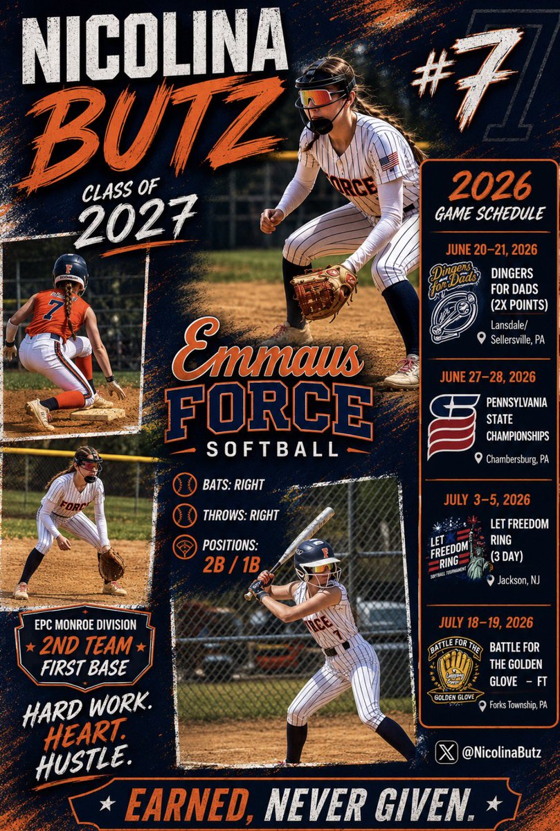 NicolinaButz's tweet photo. With help of AI I made a recruiting poster with my travelball schedule๐ฅ also nationals in Maryland in July #2027grad #jucorecruit #softball #2ndbase #1stbase @CoachDobbinsSCD @CoachMackFreas @CoachMackFreas @CoachBungo @cfpatssb @LC_LadyFalcons @coachrwalker11 @SeminoleStateSB https://t.co/2tzdwwt4Rl
