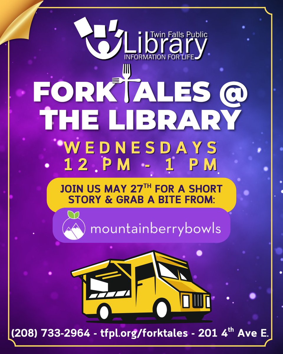 tfpl2's tweet photo. Need something fun to do over your lunch hour tomorrow? Come to the Library Lawn for Forktales! This week, you'll hear some Brothers Grimm Fairy Tales &amp; we're joined by Mountain Berry Bowls! Stop by at noon to hear a story and grab some lunch. https://t.co/E6DzltOvaG