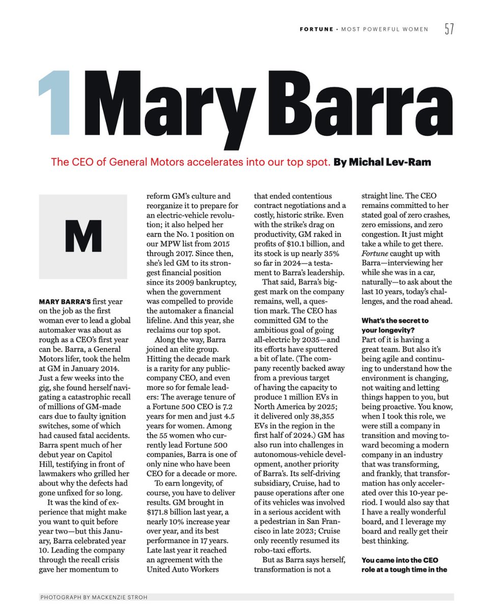 FortuneMPW's tweet photo. Take a look back at our 2024 profile and conversation with General Motors CEO Mary Barra.

Last year, she ranked No. 1 on the #FortuneMPW list for the second year in a row and fifth time overall. Our new list drops this week. https://t.co/Rotkwv8kyV https://t.co/JSKGSWVeRh