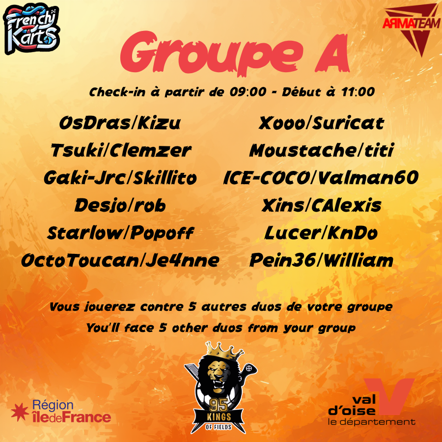 frenchy_karts's tweet photo. 🇫🇷 Voici les groupes du tournoi 2vs2 du #95KOF 🦁 ! Vous jouerez contre 5 autres duos de votre groupe !  À samedi ! 
🇬🇧 Here are the groups for the 2v2 tourney ! You'll compete against 5 other duos from your group ! See you on Saturday ! https://t.co/9i1cynd1Z3