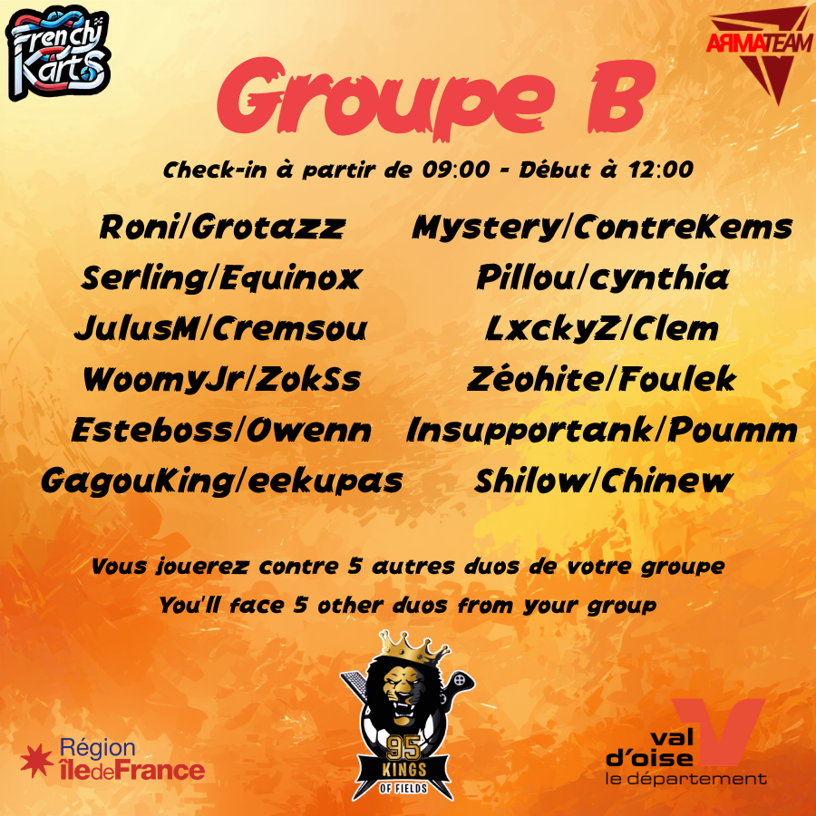 frenchy_karts's tweet photo. 🇫🇷 Voici les groupes du tournoi 2vs2 du #95KOF 🦁 ! Vous jouerez contre 5 autres duos de votre groupe !  À samedi ! 
🇬🇧 Here are the groups for the 2v2 tourney ! You'll compete against 5 other duos from your group ! See you on Saturday ! https://t.co/9i1cynd1Z3