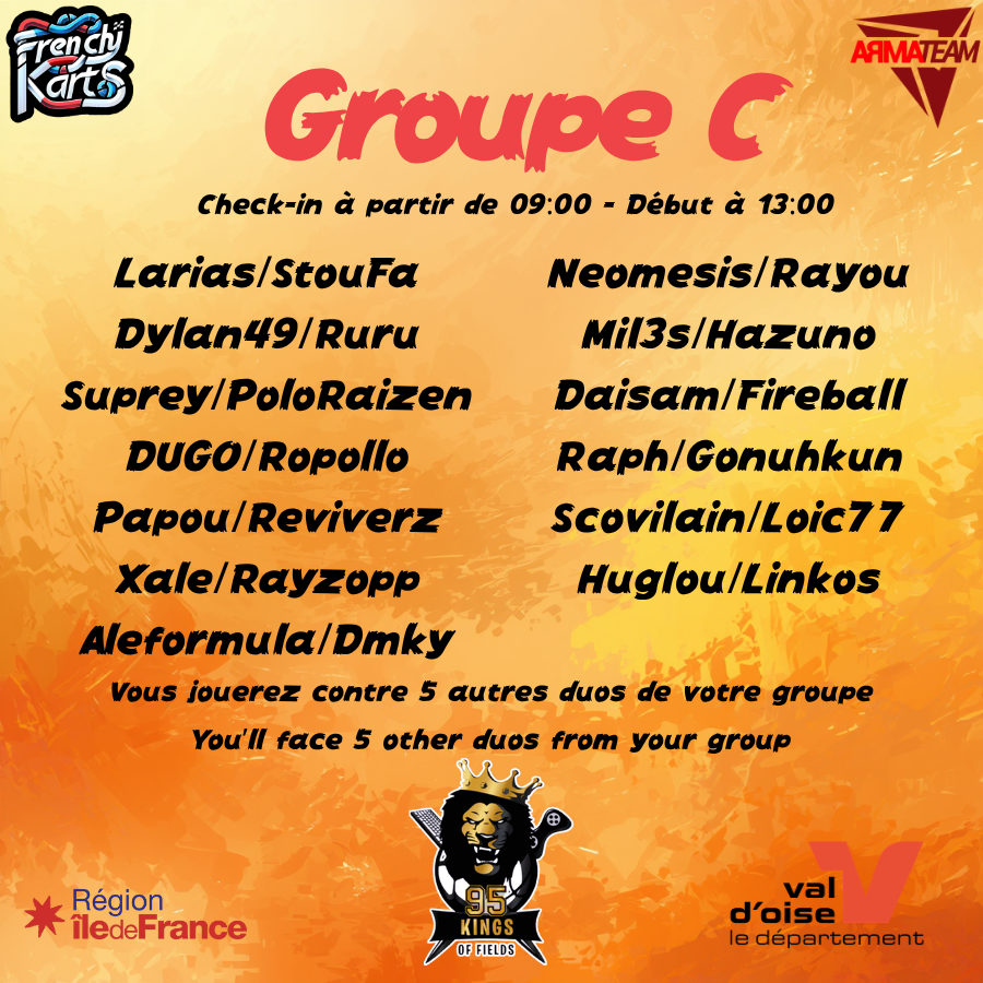 frenchy_karts's tweet photo. 🇫🇷 Voici les groupes du tournoi 2vs2 du #95KOF 🦁 ! Vous jouerez contre 5 autres duos de votre groupe !  À samedi ! 
🇬🇧 Here are the groups for the 2v2 tourney ! You'll compete against 5 other duos from your group ! See you on Saturday ! https://t.co/9i1cynd1Z3