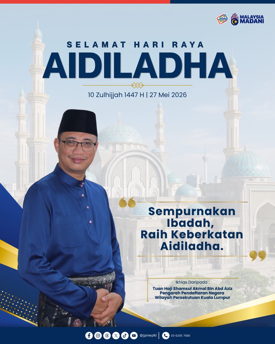 jpnwpkl's tweet photo. 𝐒𝐄𝐋𝐀𝐌𝐀𝐓 𝐇𝐀𝐑𝐈 𝐑𝐀𝐘𝐀 𝐀𝐈𝐃𝐈𝐋𝐀𝐃𝐇𝐀 𝟏𝟒𝟒𝟕𝐇/𝟐𝟎𝟐𝟔𝐌

Aidiladha mengajar kita erti pengorbanan dan ketaatan agung kepada Yang Maha Esa. Di JPN WPKL, amanah menguruskan identiti rakyat adalah 'ibadah' dan pengorbanan kita sebagai penjawat awam. https://t.co/qzwBE89t52