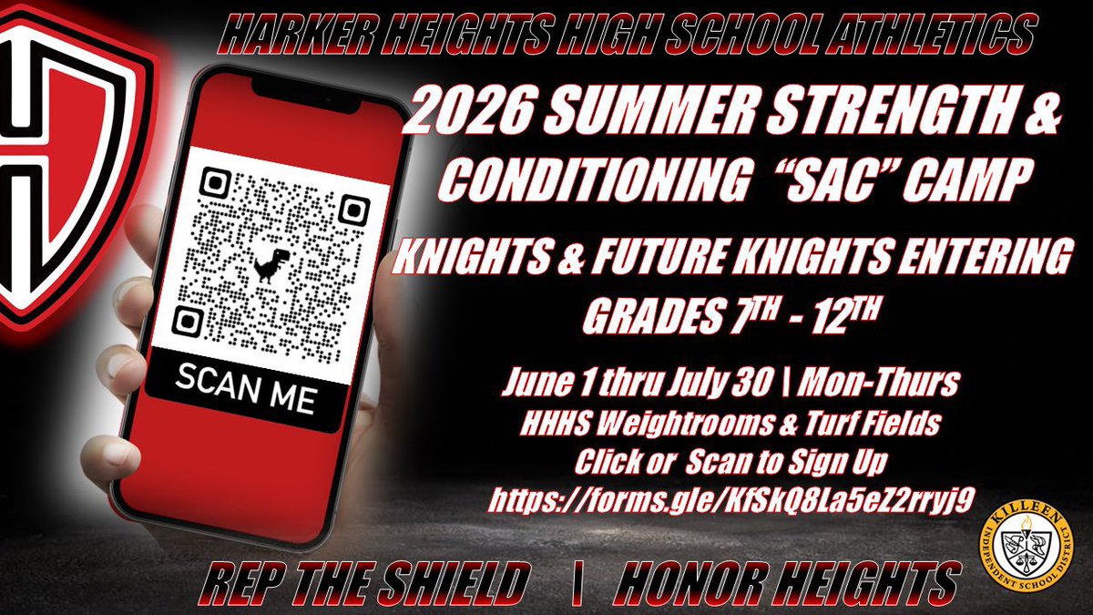 Knight_Strength's tweet photo. Calling all Harker Heights Knights! SAC Camp is HERE!

📅 June 1 - July 30
☀️Monday-Thursday
👇
V/JV FB 7:00 AM ⏰ 
All FB Skills 8:30 AM 🏈 
9th Boys 9:15 AM
All O Sports 10:00 AM 💪 
MS Boys &amp; Girls 11:30 AM
Volleyball 3:30 PM
Sign-Up Below!

#RepTheShield 🛡️ | #HonorHeights ⚔️ https://t.co/p40Y38f3nk