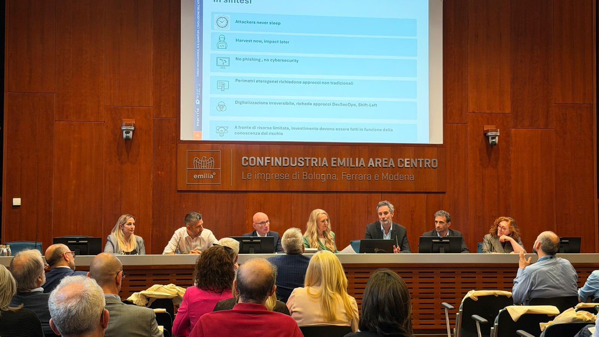 domenicoraguseo's tweet photo. “E poi poi ci troveremo come le star a bere del whisky al Roxy Bar”.  Presented today the @Exprivia_CY Present S.p.A.  threat intelligence Report 2026 in the fascinating #bologna Confindustria Emilia Area Centro  with top sme #cybersecurity https://t.co/oD6Si54rtb