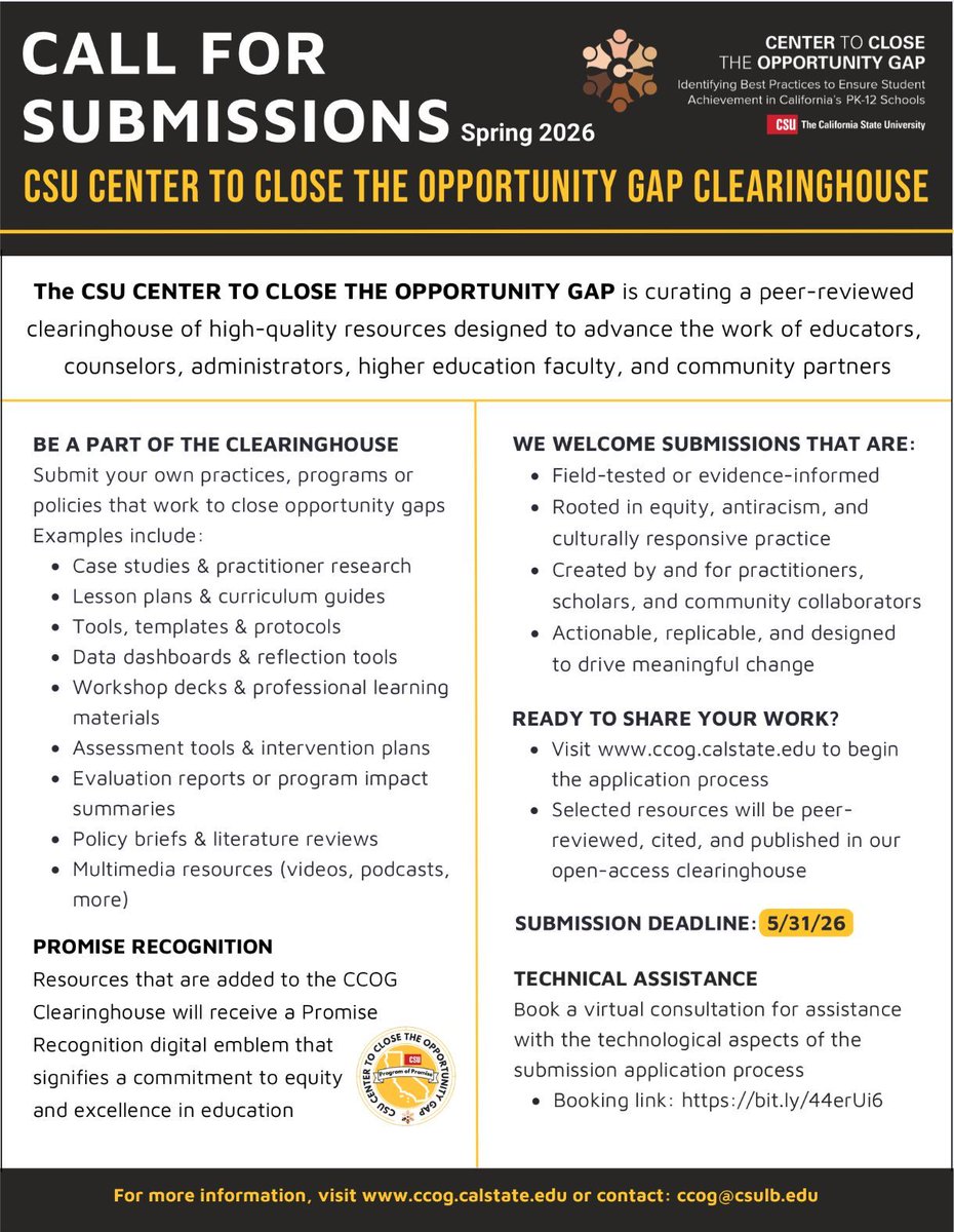 CalStateCCOG's tweet photo. ⏰ LAST CALL!
The deadline for the CSU CCOG Clearinghouse submissions is almost here.
Share your equity-driven practices, programs, and resources by 5/31/26.
🌐 https://t.co/8NyQJC3fQR
#CloseTheOpportunityGap #EdEquity #Calstate https://t.co/eNtIP3EiKe