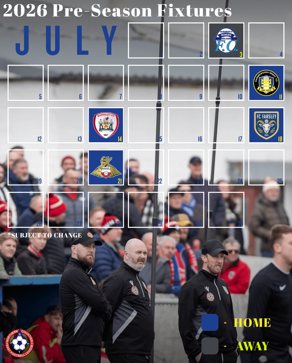 frickleyafc's tweet photo. 𝟐𝟎𝟐𝟔/𝟐𝟕 𝐏𝐑𝐄-𝐒𝐄𝐀𝐒𝐎𝐍 𝐅𝐈𝐗𝐓𝐔𝐑𝐄𝐒

We are pleased to announce our 2026/27 pre-season fixtures!

All of our opposition are on the poster below 👇

|| SUBJECT TO CHANGE || https://t.co/Suwn4itxCj
