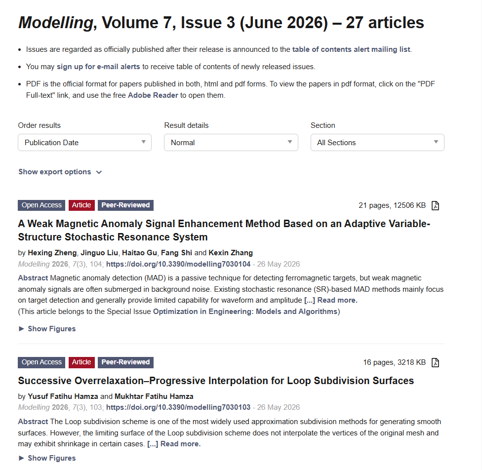 Modelling_MDPI's tweet photo. 📢 New Issue Alert!
The latest issue of Modelling is now online! 🚀
📰 Modelling, Volume 7, Issue 3 (June 2026) features 27  📊🤖
🌍https://t.co/X5uZz1e90Z
#Modelling #Simulation #AI #Engineering #ComputationalScience #MachineLearning #Research #OpenAccess https://t.co/FicI8FBraV