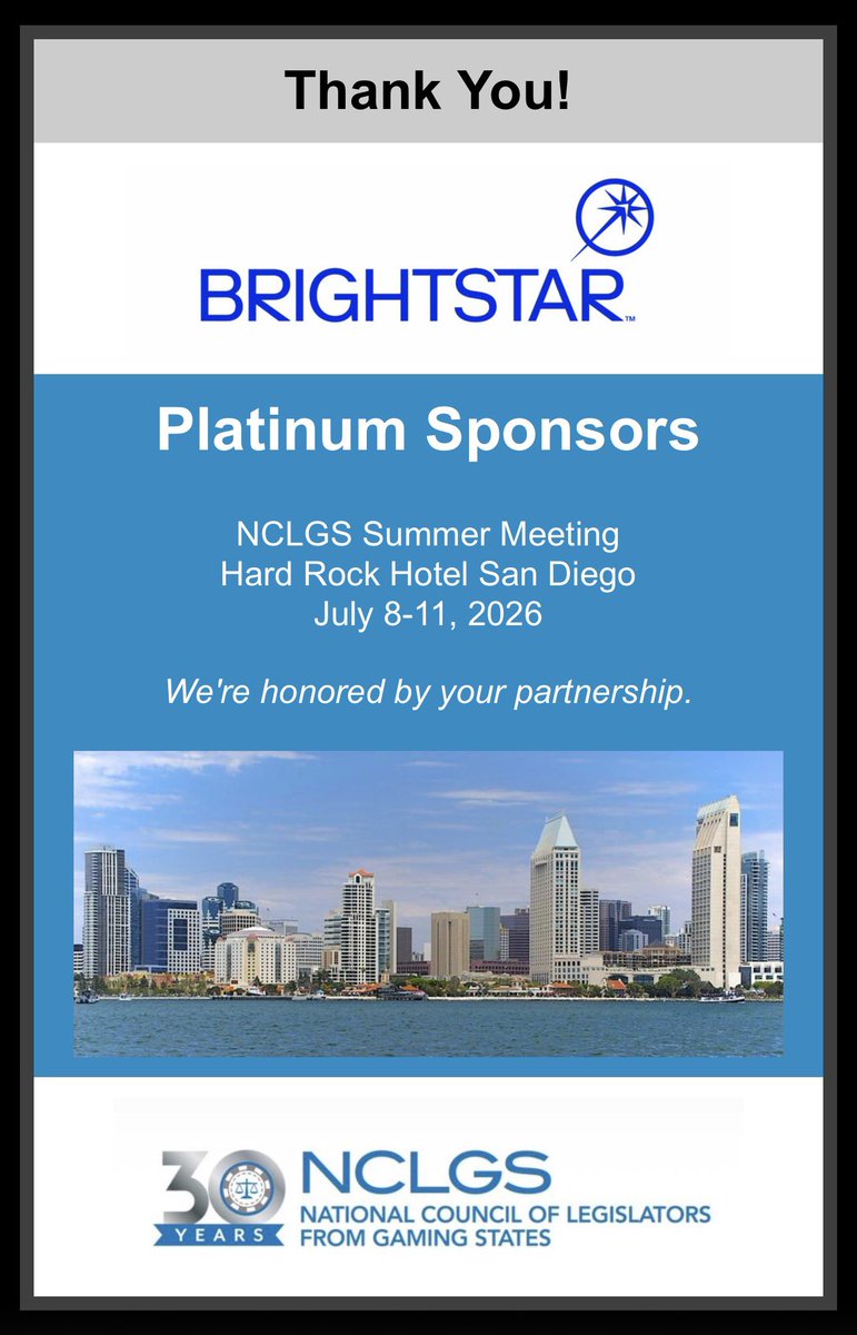NCLGS's tweet photo. NCLGS extends our appreciation to our Platinum Sponsor for our Summer Meeting, 7/8-11 in San Diego.

Brightstar is a global lottery technology &amp; services company that provides secure systems, digital solutions &amp; award‑winning lottery games for governments &amp; regulators worldwide. https://t.co/DuYFw87mst