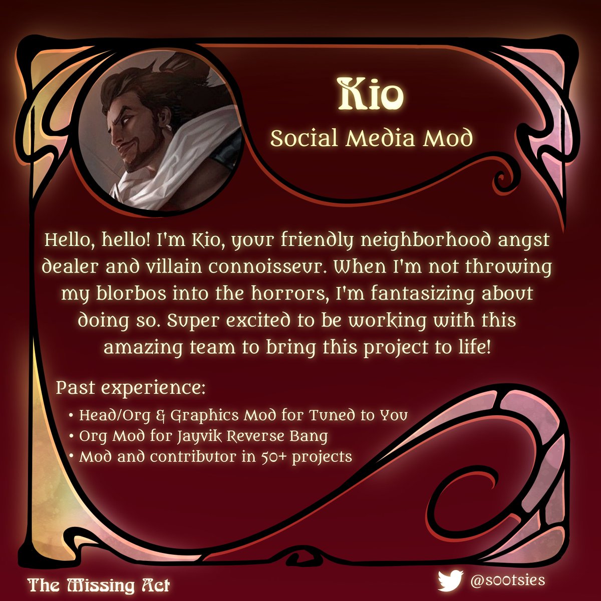 TheMissingAct's tweet photo. ✨Meet our social media mod!✨

Lock up your villains, lock up your anti-heroes @s00tsies is here and the horrors (and thirsting) has begun~ ✨ https://t.co/zhr2doXCeR