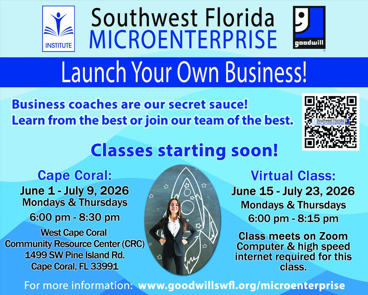 goodwillswfl's tweet photo. Do you have an idea for a small business but don't know how to even begin? Goodwill is starting two new business development classes in June.

Contact Sandra Plazas to save your spot. Class size is limited. (239) 995-2106 Ext. 2304, or email sandraplazas@goodwillswfl.org

#swfl https://t.co/fVw6fTD3hI
