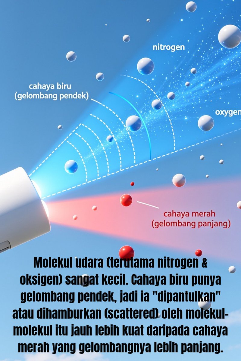 Jsp1one's tweet photo. "Anak kecil tanya: 'Om, kenapa langit biru?' Kamu jawab apa? (banyak yang salah jawab loh)"

"Jawaban paling umum: 'karena pantulan lautan'  Salah besar."

"Save kalau berguna. Tag temen yang suka tanya hal random." https://t.co/JWFH13W8I0