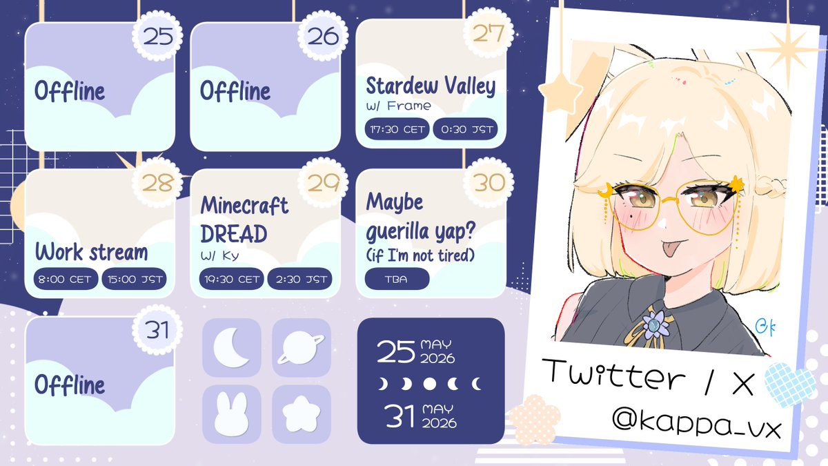 kisala10VT's tweet photo. 🗓️  May 25 - May 31

Schedule is subject to change pt. 2 depending on how I'm doing 🐰 But the collabs are happening for sure!! I'll also be on 2 collab on Saturday hence I'm not sure if I can do the yap stream...

🖌️  Art by @/kappa_vx https://t.co/0U33fZTkIa