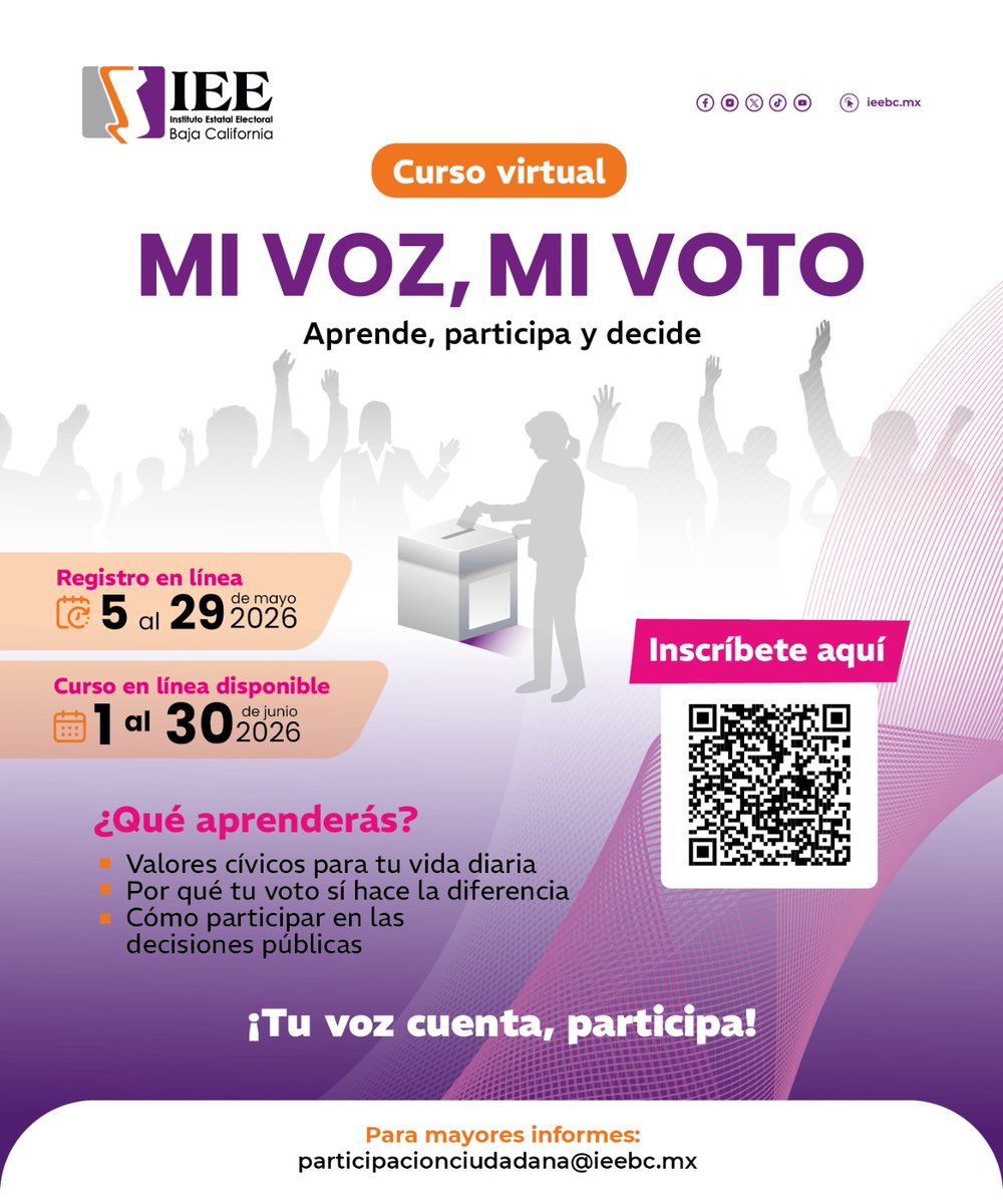 IEE_BC's tweet photo. 🗳️✨ Inscríbete al curso virtual “Mi Voz, Mi Voto” y conoce más sobre participación ciudadana y derechos electorales.

💻 En línea y autogestivo
📝 Registro hasta el 29 de mayo
🗓️ Disponible en junio
🔗 https://t.co/UC9mFSsXoE
#IEEBC #MiVozMiVoto https://t.co/AQvfhtHgq5
