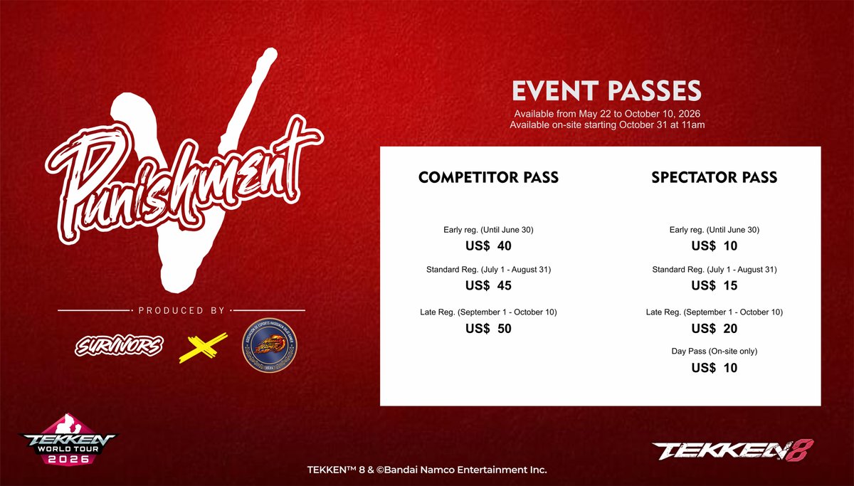 HDGTeam_'s tweet photo. 🌍 PUNISHMENT 5: REGISTRATION OPEN (INTERNATIONAL) 🌍

Registration is now open for the official TWT 2026 Master Event in La Paz, Bolivia. Secure your spot in the bracket.

🚨 Registration closes: October 10th at 11:59 PM (BOT / UTC-4)
🔗 Register now on https://t.co/4qKnjQkpOJ: https://t.co/ctL8ImbxOv

🎮 COMPETITOR PASS (Includes venue access for the whole event and main tournament entry)
Early Bird (Until June 30th): $40 USD
Standard Reg (July 1st - Aug 31st): $45 USD
Late Reg (Sept 1st - Oct 10th): $50 USD

👀 SPECTATOR PASS (Includes venue access)
Early Bird (Until June 30th): $10 USD
Standard Reg (July 1st - Aug 31st): $15 USD
Late Reg (Sept 1st - Oct 10th): $20 USD
Day Pass (On-site only): $10 USD per day

✈️ INTERNATIONAL REGISTRATION POLICY (7-DAY RULE)
International players must confirm their attendance within 7 days of registering on https://t.co/4qKnjQkpOJ.
To confirm your registration, you must send proof of a purchased flight or bus ticket to Bolivia (unpaid reservations are not accepted). You may register on https://t.co/4qKnjQkpOJ before purchasing travel, but proof of a purchased flight or bus ticket must be provided within 7 days of registration. Unconfirmed registrations will be automatically removed from the bracket.
(Note: The actual entry fee will be paid on-site on the day of the event).

📱 HOW TO CONFIRM
Send a photo/screenshot of your travel itinerary along with your Full Name and Player Tag on https://t.co/CJ48Op89gm to our WhatsApp:
👉 https://t.co/zuo6cKfqQw

#Punishment5 #Tekken8 #TWT2026 #Esports #FGC #Esports #SouthAmerica #TekkenEsports #LaPaz