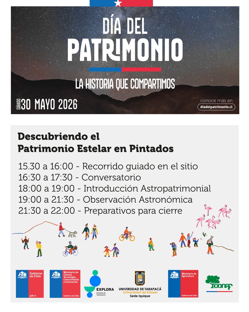 ExploraTarapaca's tweet photo. EXPLORA Y CONAF TE INVITAN A UNA OBSERVACIÓN ASTRONÓMICA EN PINTADOS

Este 30 de mayo #DiaDelPatrimonio, súmate a la obervación astronómica en el Complejo Arqueológico de Geoglifos de Pintados, ubicado en la Reserva Pampa del Tamarugal.  

Conoce el programa aquí! 
#Iquique https://t.co/BhlCj5Cfbg