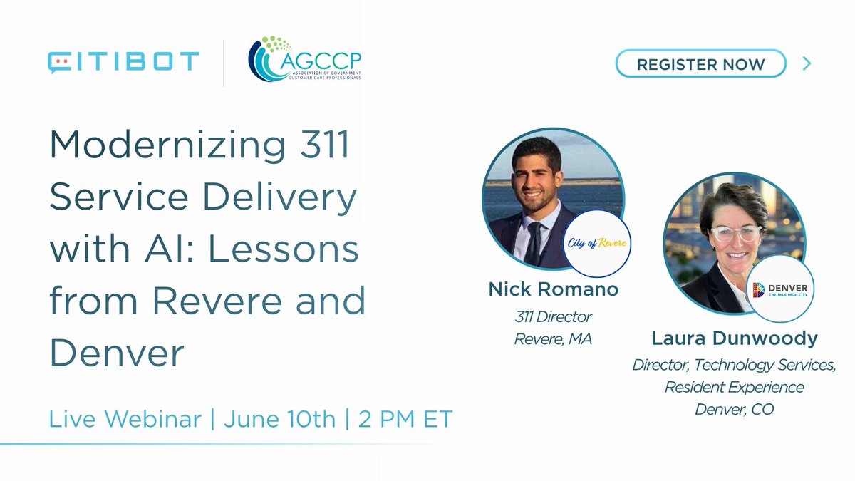 AGCCPConference's tweet photo. Hear firsthand how municipal leaders actively modernized resident service delivery and learn practical strategies for building a more scalable 311 experience.  
Revere, MA and Denver, CO, share how they streamlined operations and reduced call volume.  
https://t.co/34xHHg6QAB https://t.co/09Qjj8X7ZQ