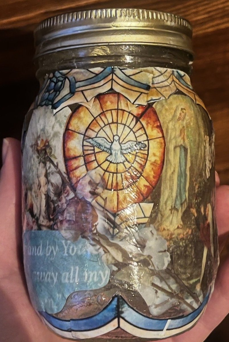 sadguitarchords's tweet photo. My sister wanted a jar to keep her holy water in 
Turned out pretty nice I think 💅 #modpodge https://t.co/EDmWVdUfKj