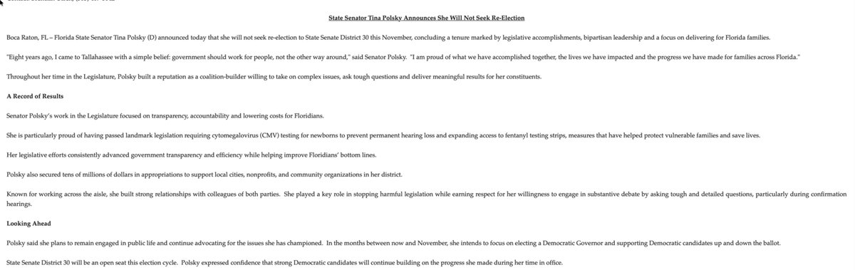 PeterSchorschFL's tweet photo. State Senator @TinaPolsky, one of the better members if you ask me, announces she will not seek re-election

Subscribers to @Fla_Pol's text alert system first knew this was happening May 7.

Subscribe at https://t.co/tKl8swUDOL https://t.co/rWlqG9gbtI