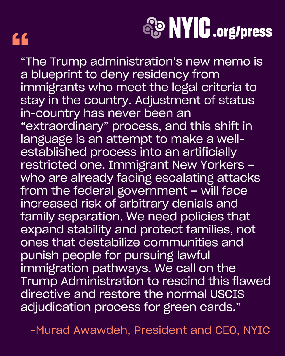 thenyic's tweet photo. 🚨STATEMENT: Trump Admin Further Restricts Legal Immigration Pathways, Threatening Stability for NY Families

"Adjustment of status in-country has never been an extraordinary process. This is an attempt to artificially restrict an established process" @heyitsmurad

press@nyic.org https://t.co/0MCvgw4s2p