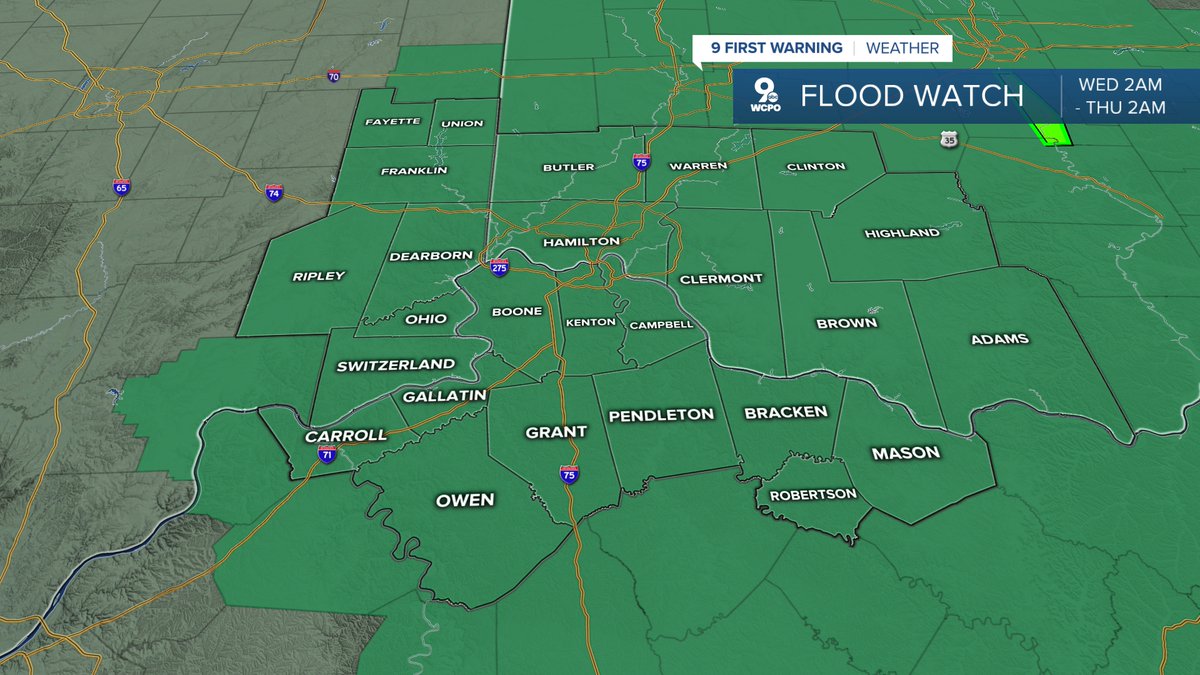MarkStitz's tweet photo. 9 FIRST WARNING: A flood watch has been issued starting at 2 AM Wednesday through 2 AM Thursday. 1-2" of rain is possible with locally higher amounts up to 3". #cincywx #wcpo https://t.co/ADOi8RA5Im