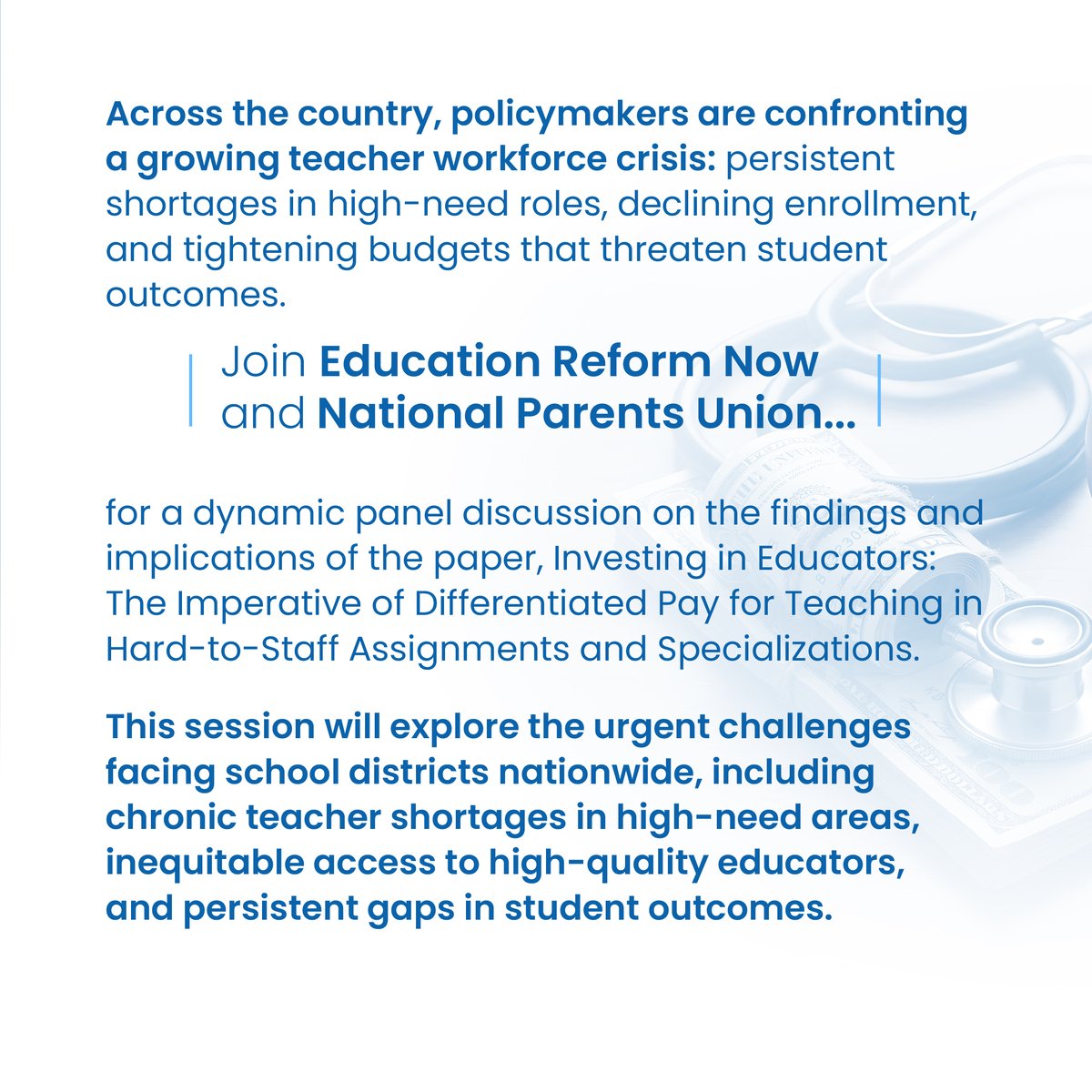 NationalParents's tweet photo. Teacher shortages are concentrated in the schools and subjects that can least afford them. Join ERN’s Andrew Epifano and NPU’s Charles Barone on June 1st @ 2pm EST for a live panel on how differentiated pay can help address shortages and inequity in education. Register here: https://t.co/ah4DUpRZFt