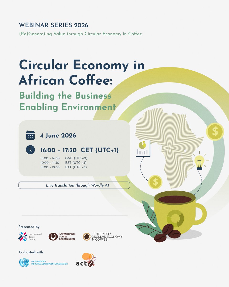 ICOCoffeeOrg's tweet photo. Webinar Advancing Circular Economy in African Coffee: Enabling Business Innovation
Register here: https://t.co/TlnzS8CXHm https://t.co/ua9iCrjjl4