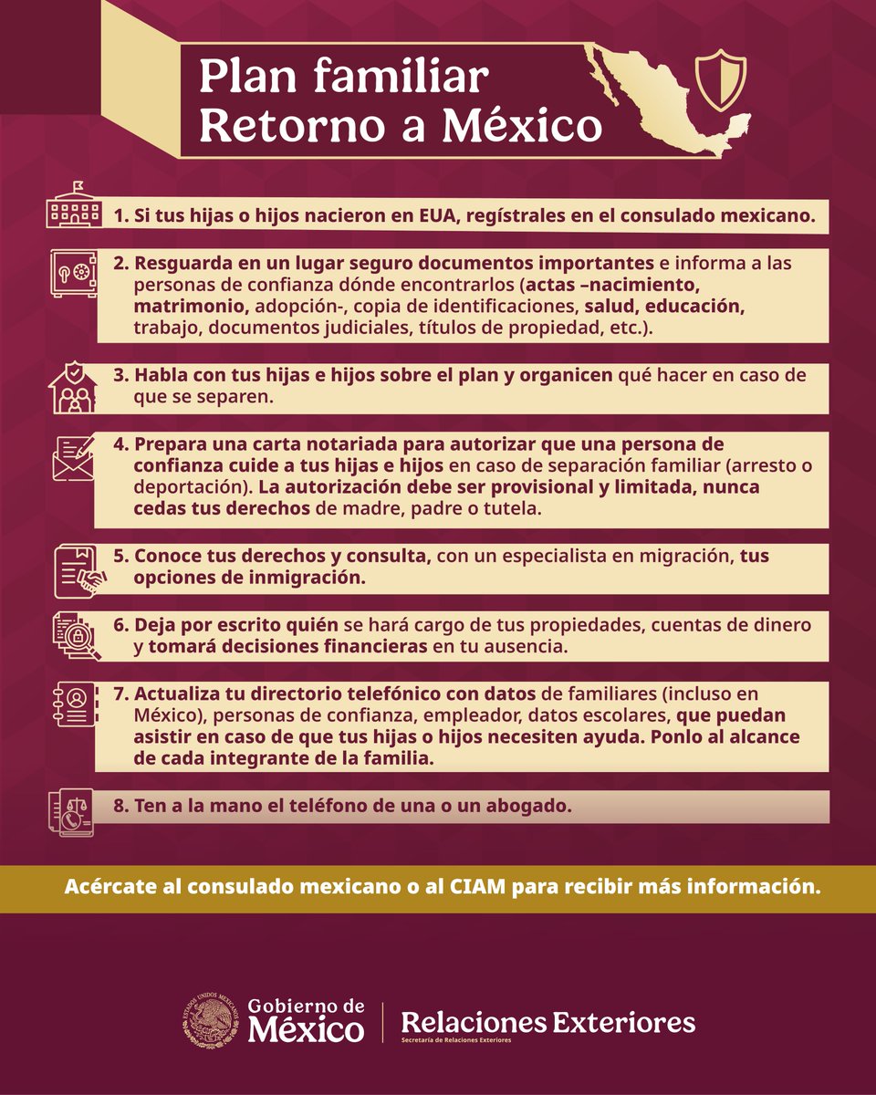 ConsulMexDal's tweet photo. Tener un plan familiar puede hacer la diferencia. 
Si vives en E.U., prepárate sobre qué hacer en caso de retorno a México para proteger a tu familia.

📌Mantén documentos importantes en un lugar seguro
📌Ten a la mano contactos de confianza y asistencia legal.

Para más info👇🏾 https://t.co/fG5I5igfL6