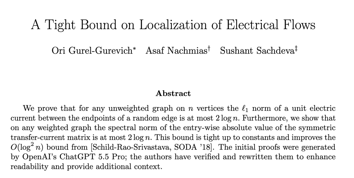 sushnt's tweet photo. 5.5 Pro one-shot settled the tight localization of electrical flows w/ a cute proof.
This improves the log^2 n result of Schild-Rao-Srivastava. Many excellent researchers and myself had thought about this q for a long time. https://t.co/dCmFdxLROR
