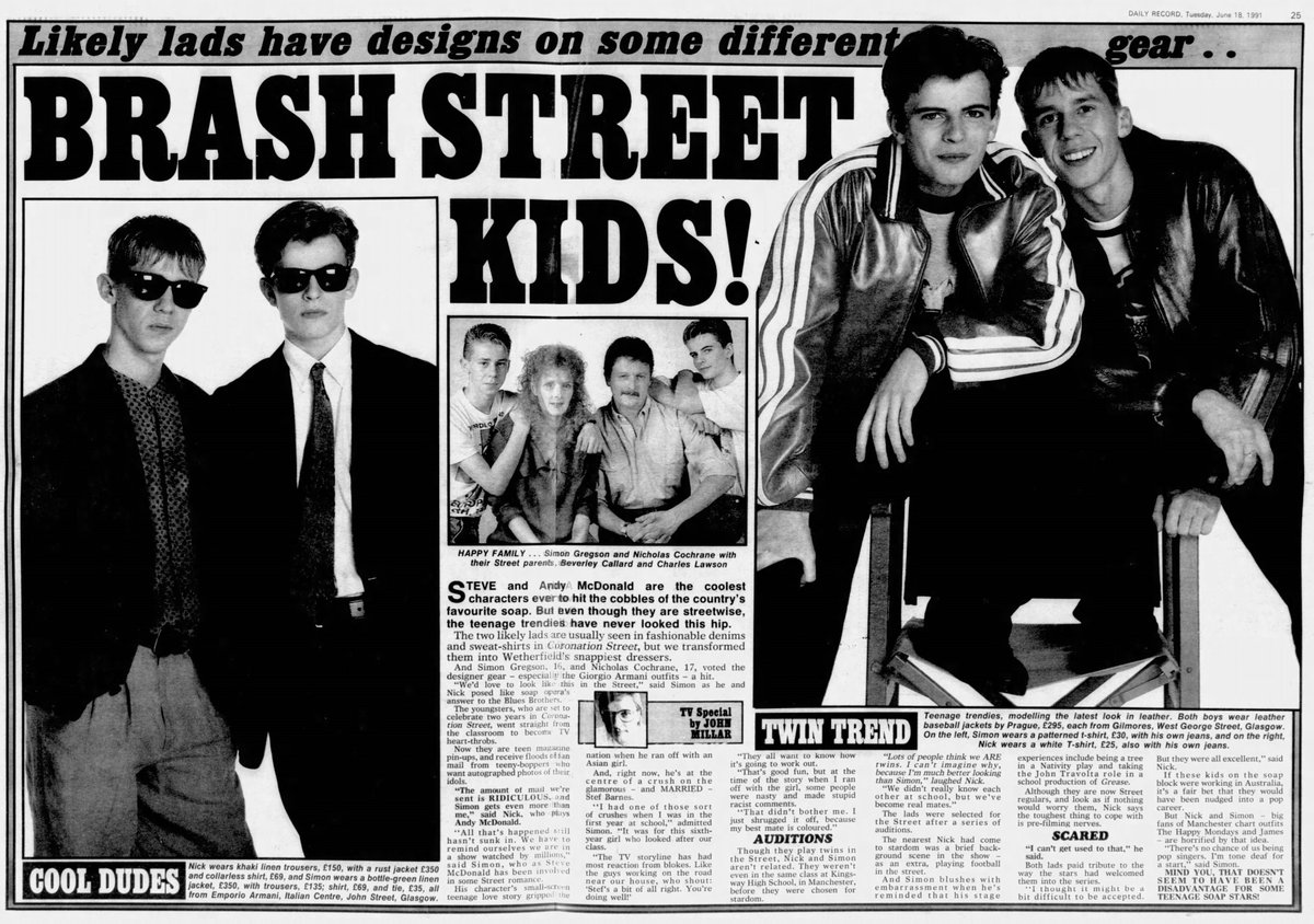 TvDidYouSee's tweet photo. #OnThisDay 18 June 1991
BRASH STREET KIDS!
Steve and Andy McDonald are the coolest characters ever to hit the cobbles of the country's favourite soap, #CoronationStreet. But even though they are streetwise, the teenage trendies have never looked this hip . . . https://t.co/0iejNbnwoW