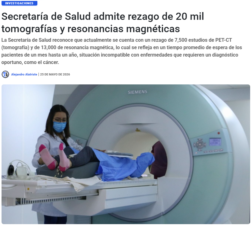 emeequis's tweet photo. La Secretaría de Salud reconoce que actualmente se cuenta con un rezago de 7,500 estudios de PET-CT (tomografía) y de 13,000 de resonancia magnética, lo cual se refleja en un tiempo promedio de espera de los pacientes de un mes hasta un año, situación incompatible con enfermedades que requieren un diagnóstico oportuno, como el cáncer.

https://t.co/NNbOZhdtdi