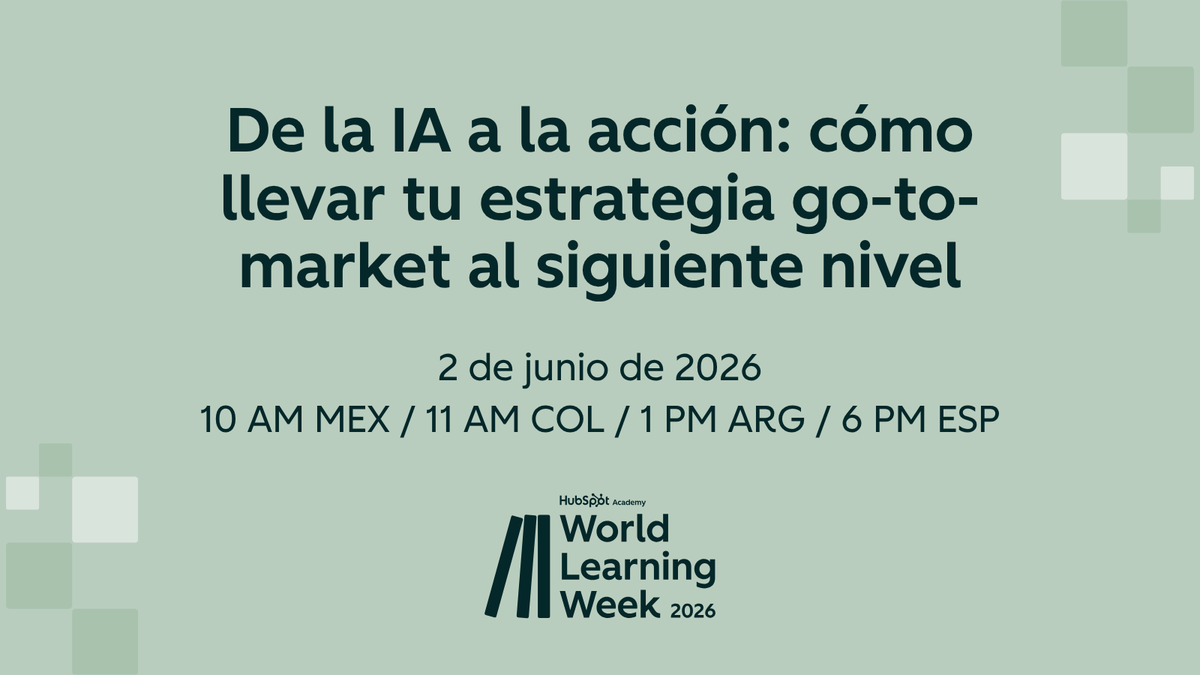 HubSpotEspanol's tweet photo. ¿Quieres pasar de la IA a la acción pero no sabes por dónde empezar? 
Te invitamos el próximo 2 de junio a una sesión en español, en el marco de la World Learning Week de HubSpot Academy 🌎

Aprende a identificar oportunidades de IA y definir tu primer caso de uso.

🕐 11:00 a.m. COL / 10:00 a.m. MEX / 1:00 p.m. ARG / 6:00 p.m. CET

👉 Regístrate ahora en https://t.co/eV7yAv8wfQ
#WorldLearningWeek #HubSpotAcademy