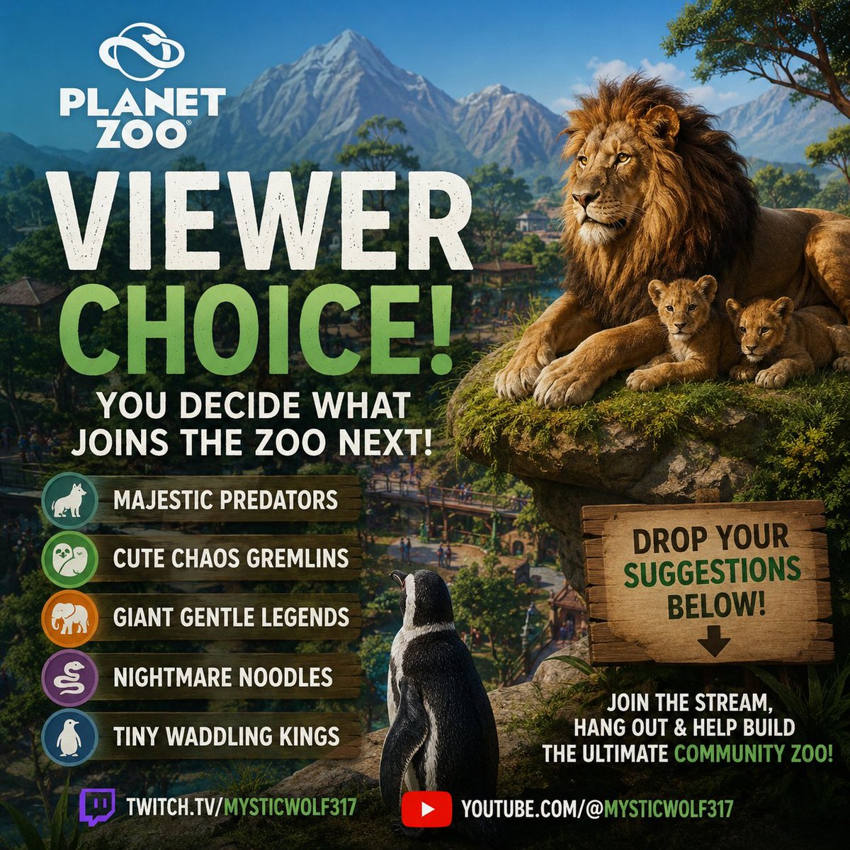 wolf31717's tweet photo. 🌿🦁 Viewer Choice Time! 🐧🦒
Tonight in Planet Zoo YOU decide what joins the zoo next! 👀✨Drop your animal suggestions in chat and I’ll build the most requested one LIVE! 💚🏞️Come hang out, relax, and help create the ultimate community zoo 🐾✨Live in 10mins https://t.co/rrr5OSlkhH