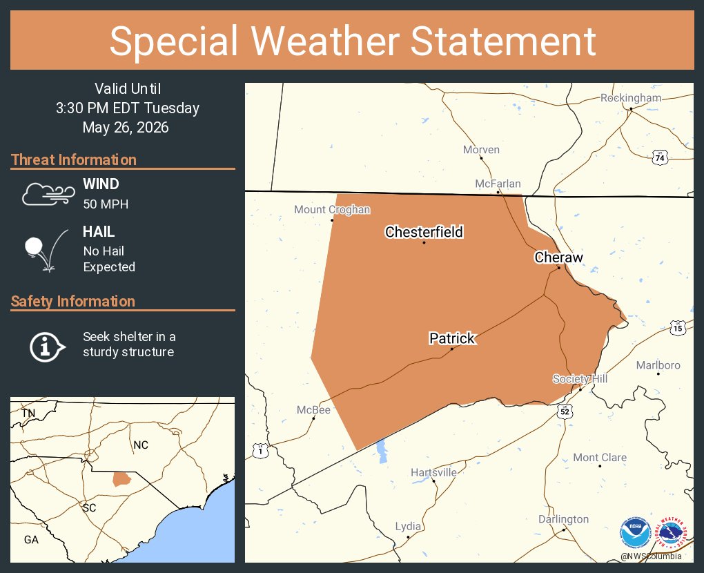 NWSColumbia's tweet photo. A special weather statement has been issued for Cheraw SC, Chesterfield SC and  Ruby SC until 3:30 PM EDT https://t.co/rauEraaCTL