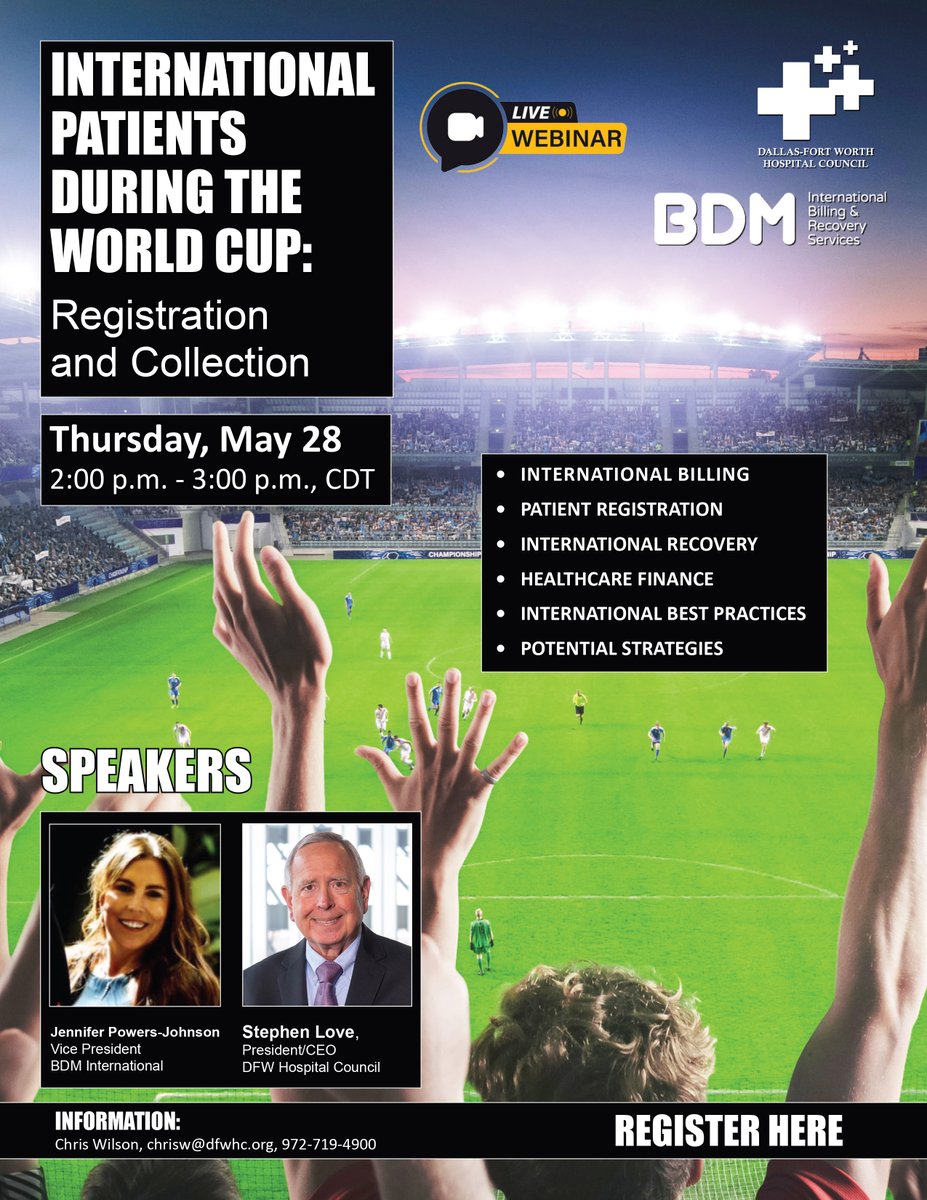 DFWHCouncil's tweet photo. The @DFWHCouncil and BDM International webinar "International Patients During the World Cup" is in two days! #healthcarefinance #communityhealth #northtexashospitals 
https://t.co/spzLMVP7mL https://t.co/WvGCYXpteU