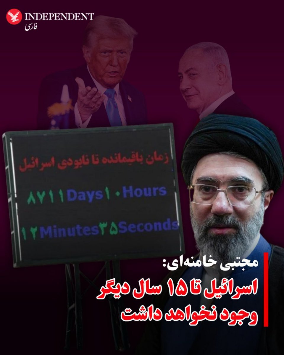RezaF2011's tweet photo. INDEPENDENT Farsi Time remaining until the destruction of Israel 8711 Days 10 Hours 12 Minutes 35 Seconds Mojtaba Khamenei: Israel will not exist in the next 15 years https://t.co/roTkuxkvMs