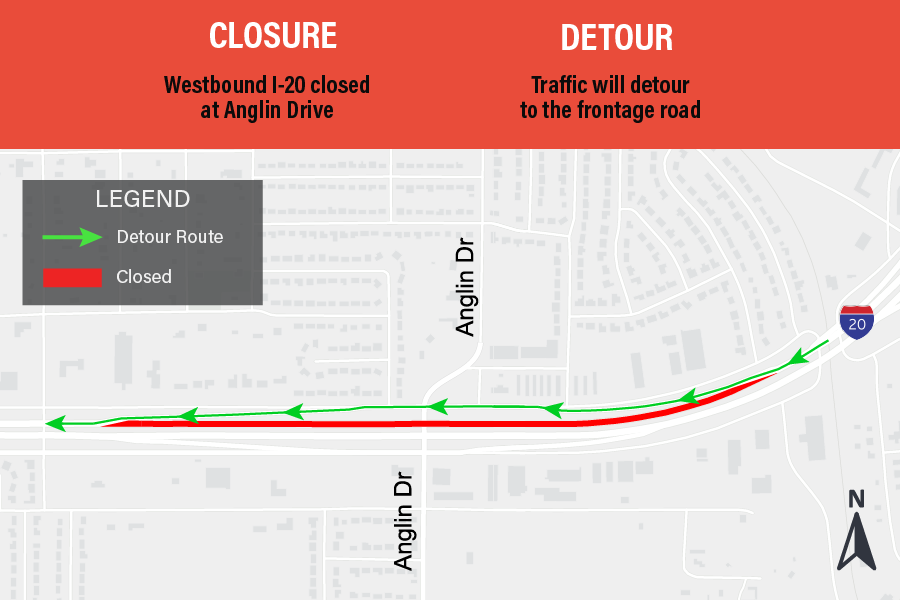 SE_Connector's tweet photo. Highway Closures Tonight, 5/26:

East and westbound I-20 closed at Anglin Drive.
11 p.m. to 6 a.m.

Traffic will detour to the frontage road.

Please visit https://t.co/3GvI6FNOjw for a full list of all upcoming closures. https://t.co/9Uo0haVNyG