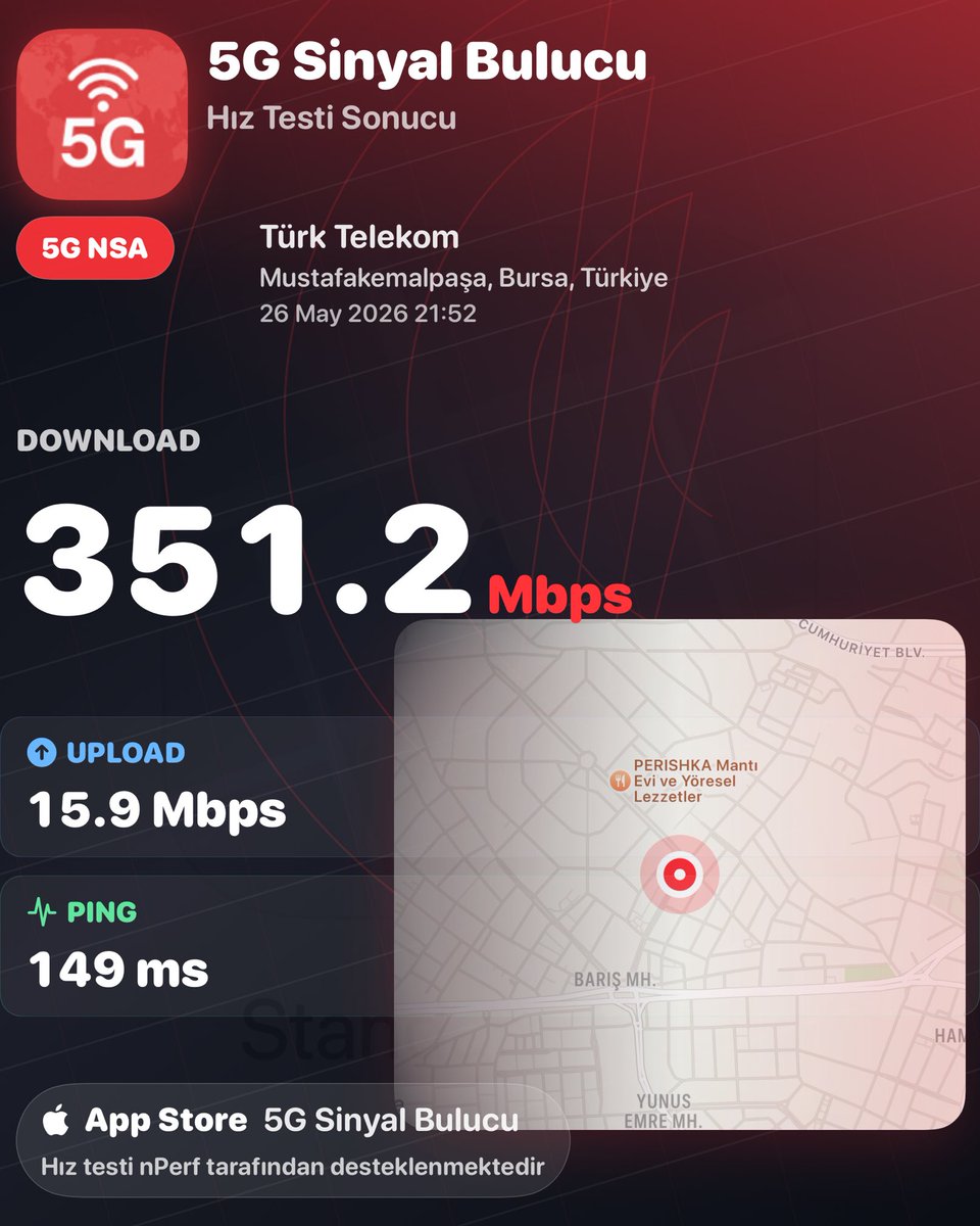 ozhanbayram's tweet photo. #5GSignalFinder
5G Signal Finder measurement
Hız testi nPerf tarafından desteklenmektedir
5G NSA • DL 351.2 Mbps • UL 15.9 Mbps • Ping 149 ms
Mustafakemalpaşa, Bursa, Türkiye
#5G #SpeedTest #NetworkQuality #SignalFinder https://t.co/aN8O0KWxTv