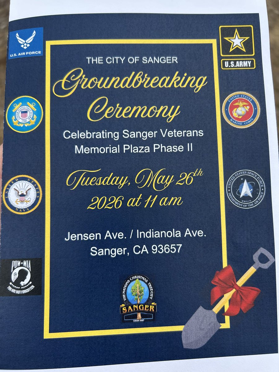 CaltransDist6's tweet photo. Sanger: Caltrans was honored to join the City of Sanger today for the ground breaking ceremony for Phase II of the Sanger Veterans Memorial Plaza, a Clean CA Local Grant project. #CleanCA @CaltransHQ https://t.co/zTYILsPqW5