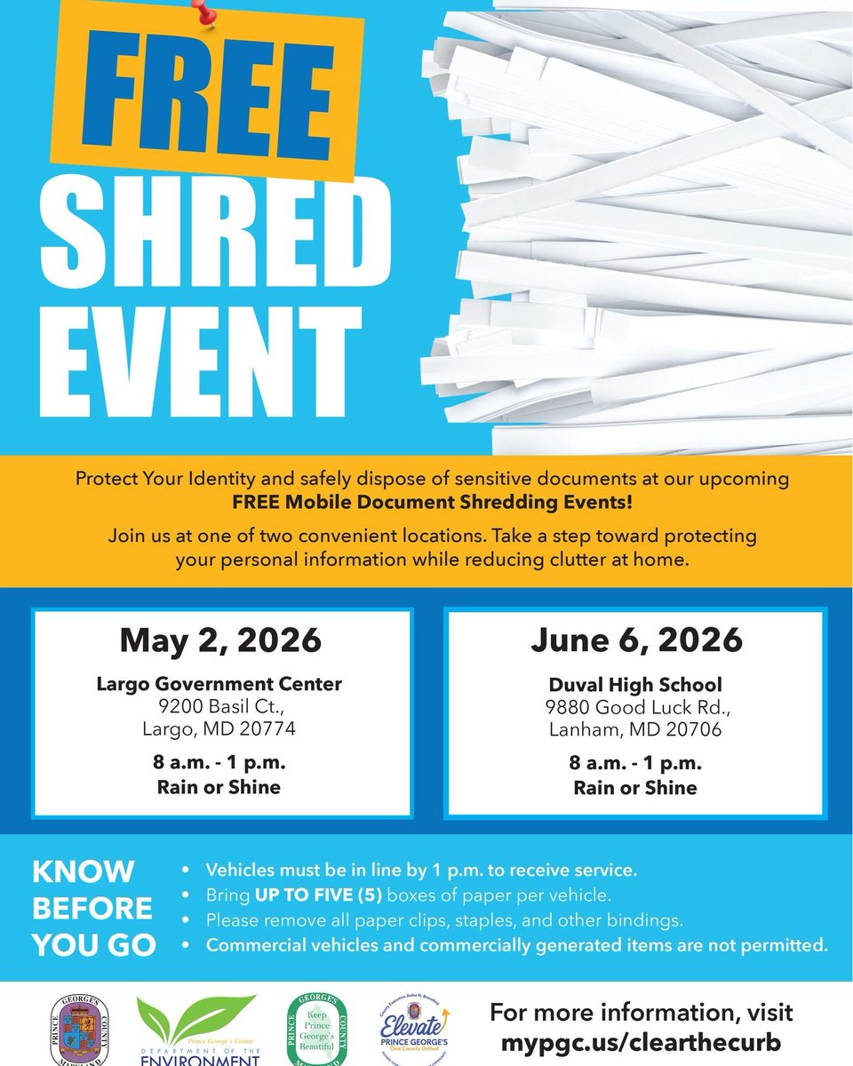 PGCSprout's tweet photo. FREE Mobile Doc. Shredding Event♻️
📅Sat. June 6 – DuVal High School✅
📍9880 Good Luck Rd., Lanham
⏰8 AM – 1 PM
⛈️Rain or Shine 🌞
📦Limit: 5 boxes per vehicle
🚗Non-commercial vehicles only
🔗https://t.co/n02dEpqcFC
#ElevatePrinceGeorges #ShredEvent #ProtectYourIdentity https://t.co/XGlSXt6nZl