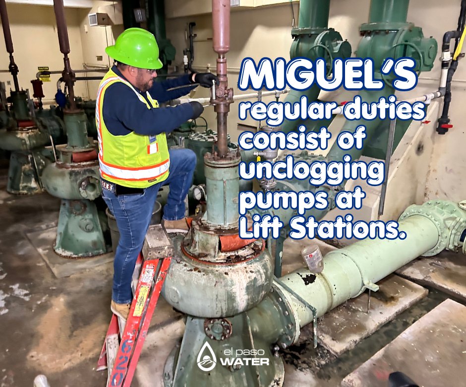 EPWater's tweet photo. Miguel's job is to make sure lift station pumps are clear of clogs typically caused by "flushable" wipes. You can help keep pumps clog-free by disposing wipes in the trash and only flushing toilet paper down the drain. https://t.co/DXi65sKQnv